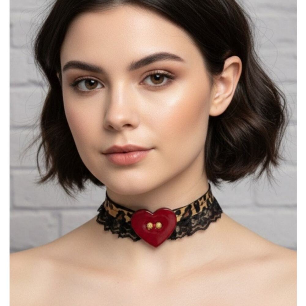 Handmade Whimsigoth Lolita Leopard & Black Lace Choker Necklace with Red Heart